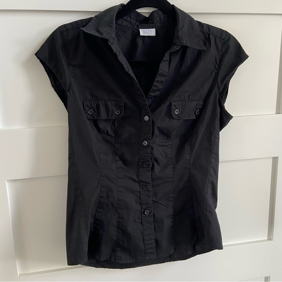 Suzy Shier Y2K Black Button-Up Short Sleeve Blouse - Picture 1 of 14